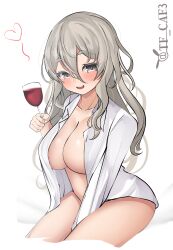 Rule 34 | absurdres, alcohol, breasts, brown eyes, cup, drinking glass, drunk, grey hair, highres, kantai collection, large breasts, looking at viewer, no bra, no panties, open clothes, open mouth, open shirt, pola (kancolle), simple background, sitting, tf cafe, thick eyebrows, twitter username, wavy hair, white background, wine, wine glass
