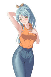 Rule 34 | 1girl, absurdres, alternate hairstyle, aqua hair, arm behind head, arm up, armpits, bang dream!, bare arms, bare shoulders, blue pants, blush, bow, breast pocket, breasts, brown bow, buttons, closed mouth, collarbone, collared shirt, commentary, cowboy shot, denim, green eyes, hair bow, hand on own chest, hand up, high-waist pants, high ponytail, highres, hikawa sayo, jeans, large breasts, looking at viewer, orange shirt, pants, pocket, ponytail, ptal, shirt, shirt tucked in, simple background, sleeveless, sleeveless shirt, solo, standing, swept bangs, symbol-only commentary, v-shaped eyebrows, white background