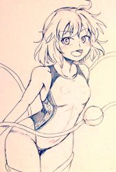 Rule 34 | 1girl, ahoge, alternate costume, bare legs, breasts, commentary request, competition swimsuit, covered navel, cowboy shot, d-m (dii emu), eyeball, eyelashes, greyscale, heart, heart of string, komeiji koishi, leaning forward, looking at viewer, monochrome, no headwear, no headwear, one-piece swimsuit, open mouth, short hair, small breasts, swimsuit, third eye, touhou