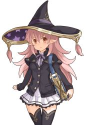Rule 34 | &gt;:(, 1girl, black hat, black thighhighs, book, brown eyes, buttons, chain, frilled skirt, frills, frown, grimoire, hat, long hair, long sleeves, looking at viewer, original, pink hair, pleated skirt, pointy ears, purple ribbon, ribbon, skirt, sleeves past wrists, solo, thighhighs, ug (nekonekodou), v-shaped eyebrows, white background, white skirt, witch, witch hat, zettai ryouiki