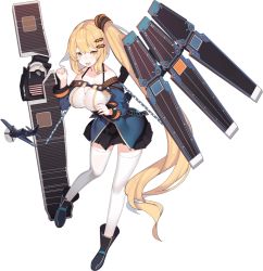 Rule 34 | 1girl, aircraft, black footwear, black skirt, black surge night, blonde hair, boots, breasts, cleavage, cleavage cutout, clothing cutout, flight deck, hair ornament, huge breasts, long hair, official art, open mouth, pleated skirt, ponytail, rain lan, rigging, side ponytail, sidelocks, skirt, solo, star (symbol), thighhighs, transparent background, very long hair, wasp (black surge night), white thighhighs, yellow eyes