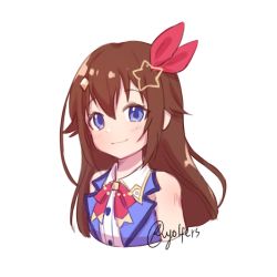 Rule 34 | 1girl, artist name, blue eyes, brown hair, commentary, english commentary, flat chest, hair behind ear, hair ornament, highres, hololive, idol, light blush, long hair, looking at viewer, red neckwear, smile, solo, star (symbol), star hair ornament, tokino sora, tokino sora (1st costume), upper body, virtual youtuber, vyolfers, white background