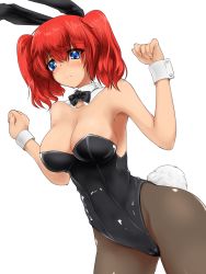Rule 34 | 1girl, animal ears, armpits, bare arms, bare shoulders, blue eyes, blush, bow, bowtie, breasts, cleavage, clenched hand, clenched hands, detached collar, fake animal ears, female focus, hair between eyes, highres, long hair, looking down, original, pantyhose, playboy bunny, rabbit ears, rabbit tail, red hair, short hair, simple background, solo, standing, strapless, tail, twintails, white background, wrist cuffs, yoou (artist), youu (midgard)