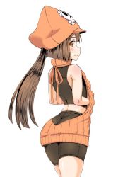 Rule 34 | 1girl, adapted costume, aran sweater, ass, backless dress, backless outfit, bad id, bad twitter id, bike shorts, blush, brown hair, butt crack, cable knit, closed mouth, dress, from behind, guilty gear, guilty gear xrd, halterneck, hat, long hair, looking at viewer, looking back, may (guilty gear), meme attire, orange eyes, orange hat, orange sweater, pirate hat, poncocchan, ribbed sweater, simple background, skull and crossbones, smile, solo, sweater, sweater dress, turtleneck, turtleneck sweater, virgin killer sweater, white background