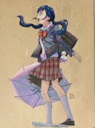 Rule 34 | 1girl, absurdres, amano hina (tenki no ko), artist name, bag, blazer, blue eyes, blue hair, blue jacket, bow, bowtie, brown bag, brown footwear, collared shirt, colored pencil (medium), commentary, commentary request, dated, dress shirt, english commentary, floating hair, full body, highres, holding, holding umbrella, jacket, kneehighs, loafers, long hair, long sleeves, low twintails, making-of available, mixed-language commentary, open mouth, p.art, plaid, plaid skirt, pleated skirt, red bow, red bowtie, red skirt, school bag, school uniform, shirt, shoes, shoulder bag, skirt, socks, solo, tenki no ko, teruterubouzu, traditional media, twintails, umbrella, white shirt, white socks