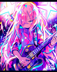 Rule 34 | 1girl, absurdres, blue eyes, bocchi the rock!, closed mouth, cube hair ornament, electric guitar, gibson les paul, gotoh hitori, guitar, hair between eyes, hair ornament, hair over eyes, highres, holding, holding instrument, instrument, jacket, long hair, looking down, music, one side up, pink hair, pink jacket, playing instrument, solo, sparkle, track jacket, uenomigi