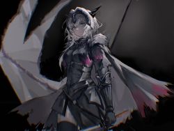 Rule 34 | 1girl, absurdres, alternate costume, arknights, armor, black thighhighs, breastplate, breasts, cape, cow, dragon horns, fate/grand order, fate (series), gauntlets, grey background, grey cape, grey eyes, grey hair, hair between eyes, hair intakes, haku9638, headgear, highres, holding, holding sword, holding weapon, horns, jeanne d&#039;arc alter (fate), long hair, looking at viewer, simple background, small breasts, solo, sword, talulah (arknights), thighhighs, weapon