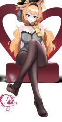 1girl animal_ears blue_archive blue_eyes crossed_legs feet highres long_hair looking_at_viewer mari_(blue_archive) mari_(idol)_(blue_archive) open_mouth orange_hair pantyhose prev/next sitting soles steam toes