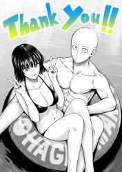 Rule 34 | 1boy, 1girl, abs, artist request, bald, bikini, black bikini, black hair, blunt bangs, breasts, collarbone, double v, english text, fubuki (one-punch man), highres, large breasts, looking at viewer, muscular, muscular male, navel, one-punch man, saitama (one-punch man), short hair, smile, swimsuit, v, water