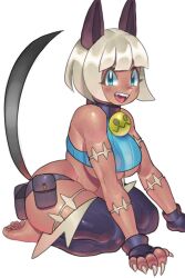 Rule 34 | 1girl, barefoot, belt pouch, blue eyes, blush, bob cut, breasts, cat girl, claws, collar, crop top, dark-skinned female, dark skin, fangs, fingerless gloves, gloves, highres, kneeling, large breasts, looking at viewer, ms. fortune (skullgirls), neck bell, open mouth, plump, pouch, scar, short hair, skullgirls, smile, solo, tavomx, thick thighs, thighs, white background, white hair