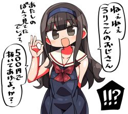 Rule 34 | !?, 1girl, arm behind back, borrowed character, brown eyes, brown hair, dress, hairband, kanikama, long hair, open mouth, original, sailor dress, smile, solo, translation request, upper body