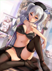 Rule 34 | 10s, 1girl, beret, black bra, black footwear, black panties, black thighhighs, blue eyes, blurry, blurry background, bra, breasts, commentary request, employee uniform, hand on own arm, hat, high heels, highres, indoors, kantai collection, kashima (kancolle), knee up, large breasts, lawson, looking at viewer, navel, panties, partially undressed, poster (object), saratoga (kancolle), satou daiji, shirt, shoes, side-tie panties, silver hair, sitting, smile, solo, spread legs, striped clothes, striped shirt, thighhighs, twintails, underwear, uniform