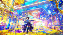 Rule 34 | 1girl, :d, animal, bare shoulders, black hair, blue dress, blue footwear, blue gloves, boots, breasts, bug, butterfly, cage, checkered floor, cleavage, commentary request, dress, elbow gloves, flower, gem, gloves, high heels, highres, indoors, insect, kaze-hime, lens flare, looking at viewer, medium breasts, medium hair, open mouth, original, petals, purple eyes, ribbon, scenery, signature, sleeveless, sleeveless dress, smile, solo, standing, thigh boots, thighhighs, tiara, tree, watermark, web address, white ribbon, wide shot, yellow flower