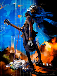 Rule 34 | 1boy, afro, brook (one piece), cane, electric guitar, english text, guitar, hat, highres, instrument, male focus, one piece, pomodorosa, revision, skeleton, skull, solo