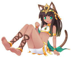 Rule 34 | 1girl, aged down, animal ears, ankle lace-up, anklet, barefoot, bastet (p&amp;d), black hair, bracelet, brown hair, cat ears, cat tail, child, cross-laced footwear, crown, dark-skinned female, dark skin, egyptian, feet, female focus, full body, green eyes, highres, jewelry, long hair, lots of jewelry, midriff, miniskirt, navel, necklace, open mouth, panties, pantyshot, paw pose, puzzle &amp; dragons, ruton-niki, simple background, skirt, smile, soles, solo, tail, thighs, toe scrunch, toenails, toes, underwear, upskirt, white background