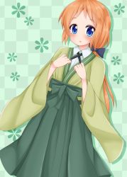 Rule 34 | 1girl, :o, black bow, blue eyes, blush, bow, checkered background, collared shirt, commentary request, dutch angle, floral background, green hakama, hair bow, hakama, hakama skirt, highres, japanese clothes, long hair, long sleeves, looking at viewer, low ponytail, minato ojitan, mole, mole under eye, natsume nono, orange hair, parted lips, ponytail, shirt, skirt, solo, urara meirochou, very long hair, white shirt, wide sleeves