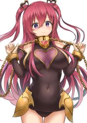 Rule 34 | 1girl, armor, armpit crease, bare shoulders, blush, breasts, breasts apart, chain, closed mouth, collar, covered navel, cowboy shot, dargo, detached sleeves, faulds, floating hair, frown, gold armor, hair between eyes, hair ornament, hands up, head tilt, heart, heart hair ornament, holding, kuka (princess connect!), large breasts, legs apart, long hair, long sleeves, looking at viewer, princess connect!, purple eyes, red hair, simple background, solo, standing, sweat, taut clothes, two side up, very long hair, white background