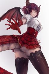 Rule 34 | 1girl, angry, ass, asymmetrical arms, black panties, black thighhighs, blouse, breasts, commentary request, dragon girl, dragon horns, dragon tail, dragon wings, frilled shirt, frills, from below, granblue fantasy, grea (shingeki no bahamut), highres, horns, kamome (g0120021), large breasts, looking at viewer, outstretched hand, panties, pantyshot, plaid, plaid skirt, pleated skirt, pointy ears, purple hair, red eyes, red skirt, scales, shingeki no bahamut, shirt, short hair, skirt, solo, standing, tail, thighhighs, torn clothes, torn shirt, torn sleeve, underwear, white background, white shirt, wings
