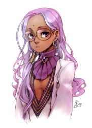 Rule 34 | 10s, 1girl, bindi, breasts, closed mouth, dark skin, earrings, facial mark, fate/extra, fate (series), forehead mark, glasses, jewelry, lab coat, ladugard, light purple hair, long hair, petite, purple eyes, rani viii, simple background, small breasts, type-moon, upper body, v-neck, wavy hair, white background