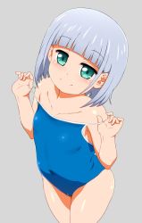 Rule 34 | 1girl, blue eyes, blue hair, blue one-piece swimsuit, blunt bangs, capitan (tsyoujo), clothes pull, competition school swimsuit, covered navel, cowboy shot, flat chest, from above, from side, grey background, head tilt, highres, legs together, off shoulder, one-piece swimsuit, one-piece swimsuit pull, original, pulled by self, school swimsuit, short hair, simple background, smile, solo, standing, swimsuit, thighs