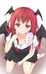 Rule 34 | 1girl, barefoot, blush, demon wings, female focus, finger to mouth, from above, gradient background, head wings, heart, highres, koakuma, mickeysmith, naughty face, number pun, red eyes, sitting, sketch, solo, spoken heart, suggestive fluid, symbol-shaped pupils, text focus, tongue, tongue out, touhou, translated, wariza, white background, wings
