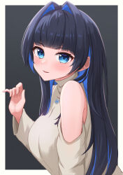 Rule 34 | 1girl, bare shoulders, black hair, blue hair, blunt bangs, blush, breasts, clothing cutout, colored inner hair, from side, hair intakes, highres, hololive, hololive english, large breasts, long sleeves, looking at viewer, multicolored hair, official alternate costume, ouro kronii, ouro kronii (casual), parted lips, shirt, shoulder cutout, smile, solo, turtleneck, typho, upper body, virtual youtuber, white shirt