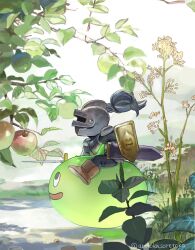 Rule 34 | apple, apple tree, aretokasoretoka, armor, boots, brown footwear, commentary request, dragon quest, food, from side, fruit, full body, grass, green apple, helmet, highres, holding, holding shield, holding sword, holding weapon, monster, nature, no humans, outdoors, plant, profile, riding, shield, shoulder armor, slime knight, smile, sword, tree, twitter username, weapon