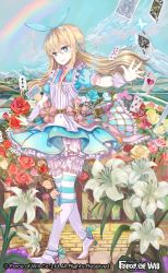 Rule 34 | 1girl, alice (alice in wonderland), apron, blonde hair, bloomers, blue eyes, boots, bug, butterfly, card, copyright name, dagger, day, dress, flower, force of will, hairband, highres, insect, knife, leaf, long hair, mountain, official art, rainbow, sky, solo, star (symbol), underwear, weapon, wednesday (starsilver)