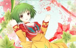 Rule 34 | 00s, 1girl, ahoge, breasts, brown eyes, choker, dress, dutch angle, farah oersted, flower, green hair, looking at viewer, open mouth, short hair, solo, tales of (series), tales of eternia