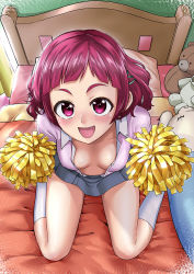 Rule 34 | 10s, 1girl, bed, bed sheet, bedroom, blush, breasts, cleavage, downblouse, covered erect nipples, from above, hugtto! precure, indoors, kneeling, looking at viewer, looking up, matching hair/eyes, medium breasts, no bra, nono hana, on bed, open clothes, open mouth, open shirt, pillow, pom pom (cheerleading), precure, red eyes, red hair, short hair, smile, solo, stuffed animal, stuffed toy, thighhighs, wanao