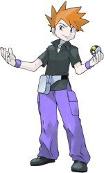 Rule 34 | 1boy, black footwear, black shirt, blue oak, closed mouth, collared shirt, creatures (company), fanny pack, full body, game freak, grey bag, hands up, highres, holding, holding poke ball, jewelry, male focus, necklace, nintendo, official art, orange hair, pants, poke ball, pokemon, pokemon frlg, purple pants, shirt, shoes, short hair, short sleeves, smile, solo, spiked hair, standing, sugimori ken, transparent background, ultra ball, wristband