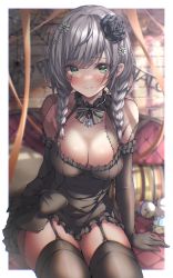 Rule 34 | 1girl, absent, absurdres, bare shoulders, black dress, black flower, black gloves, black thighhighs, blush, breasts, brick wall, cleavage, closed mouth, dress, elbow gloves, flower, garter straps, gloves, green eyes, grey hair, hair flower, hair ornament, highres, hololive, indoors, long hair, looking at viewer, low twintails, medium breasts, mole, mole on breast, patchwork skin, shirogane noel, sitting, smile, solo, stitched arm, stitched face, stitched torso, stitches, subaru duck, thighhighs, twintails, virtual youtuber, white flower