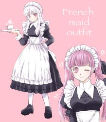 Rule 34 | 2girls, alternate costume, black footwear, closed mouth, cup, english text, enmaided, female focus, fire emblem, fire emblem: three houses, highres, hilda valentine goneril, holding, holding plate, long hair, long sleeves, lysithea von ordelia, maid, maid headdress, matching hair/eyes, multiple girls, nintendo, one eye closed, pink background, pink eyes, pink hair, plate, rimooo n, simple background, smile, teacup, twintails, white hair, white legwear, wink