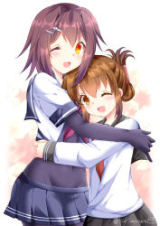 Rule 34 | 2girls, ;d, black sailor collar, black skirt, blue sailor collar, blue skirt, blush, bodysuit, brown eyes, brown hair, commentary request, covered navel, crop top, elbow gloves, folded ponytail, furutaka (kancolle), gloves, groin, hair between eyes, hair intakes, hair ornament, hairclip, hug, inazuma (kancolle), kantai collection, long sleeves, looking at viewer, miniskirt, multiple girls, neckerchief, one eye closed, open mouth, pleated skirt, purple neckerchief, red neckerchief, sailor collar, school uniform, serafuku, shirt, short hair, short sleeves, sidelocks, single elbow glove, skirt, smile, standing, star (symbol), starry background, tamagawa yukimaru, twitter username, upper body, white background, white shirt, yellow eyes