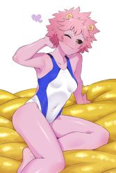 Rule 34 | 1girl, absurdres, arm behind head, armpits, ashido mina, black sclera, boku no hero academia, breasts, closed mouth, colored sclera, colored skin, competition swimsuit, heart, highres, horns, kurozu (crozu), looking at viewer, messy hair, one-piece swimsuit, one eye closed, pink hair, pink skin, seductive smile, short hair, simple background, small breasts, smile, solo, swimsuit, thighs, white background, white one-piece swimsuit, yellow eyes