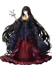 Rule 34 | 1girl, absurdly long hair, absurdres, alternate costume, alternate eye color, ascot, black dress, black hair, blue eyes, blunt bangs, branch, breasts, collared dress, corset, dress, female focus, full body, highres, hime cut, houraisan kaguya, jeweled branch of hourai, large breasts, long hair, red skirt, skirt, solo, standing, tachi-e, tk31, touhou, transparent background, very long hair, wand, wide sleeves, yellow ascot