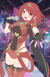 1girl :d breasts chest_jewel commentary_request earrings fingerless_gloves gloves highres holding holding_microphone jewelry large_breasts looking_at_viewer microphone open_mouth pyra_(xenoblade) red_eyes red_hair red_shorts short_hair short_shorts shorts smile solo stage standing sukai_222 swept_bangs thighhighs tiara xenoblade_chronicles_(series) xenoblade_chronicles_2