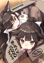 Rule 34 | 2girls, :o, amazon (company), animal ear fluff, animal ears, atago (azur lane), azur lane, bow, box, brand name imitation, brown eyes, brown hair, brown legwear, cardboard box, cat ears, commentary request, dated, from above, gloves, hair between eyes, hair bow, high ponytail, highres, holding, in box, in container, jacket, long hair, looking at viewer, looking up, mappaninatta, military jacket, mole, mole under eye, multiple girls, open mouth, pantyhose, ponytail, revision, signature, star (symbol), takao (azur lane), translation request, white bow, white gloves, white jacket, wooden floor