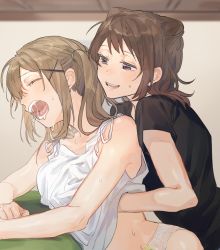 Rule 34 | 2girls, bang dream!, black shirt, blouse, blush, brown eyes, brown hair, camisole, closed eyes, grabbing, grabbing another&#039;s breast, grabbing from behind, groping, half-closed eyes, hand under clothes, hand under shirt, ichigaya arisa, multiple girls, no pants, open mouth, saliva, shirt, smile, sweat, toukyuu, toyama kasumi, twintails, yuri