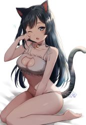Rule 34 | 1girl, ;o, animal ears, bare arms, bare shoulders, barefoot, bell, between legs, black hair, bra, breasts, cat cutout, cat ears, cat girl, cat lingerie, cat tail, choker, cleavage, clothing cutout, collarbone, fang, frilled bra, frills, grey eyes, highres, jingle bell, kemonomimi mode, long hair, looking at viewer, love live!, love live! nijigasaki high school idol club, medium breasts, meme attire, mia (fai1510), navel, neck bell, one eye closed, one side up, open mouth, panties, rubbing eyes, sitting, sleepy, solo, stomach, string bra, tail, tail raised, thighs, underwear, underwear only, waking up, wariza, white bra, white choker, white panties, yuki setsuna (love live!)