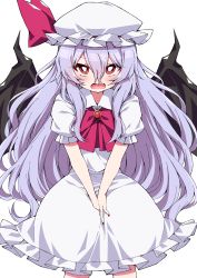 Rule 34 | 1girl, alternate hair length, alternate hairstyle, bat wings, bow, bright pupils, collarbone, dress, frilled dress, frilled sleeves, frills, hair between eyes, hat, highres, jewelry, long hair, looking at viewer, mob cap, open mouth, puffy short sleeves, puffy sleeves, purple hair, red bow, red eyes, red neckwear, remilia scarlet, short sleeves, simple background, solo, touhou, tsukimirin, v arms, very long hair, white background, white dress, white hat, wings