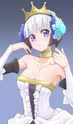 Rule 34 | 1girl, armpits, arms up, blue background, blue eyes, blush, braid, braided bun, breasts, choker, cleavage, collarbone, crown, detached sleeves, dress, elbow gloves, feather hair ornament, feathered wings, feathers, gloves, gwendolyn (odin sphere), hair bun, hair ornament, highres, light blush, looking to the side, maromayu (upmz2428), medium breasts, odin sphere, pout, princess, short hair, solo, tiara, valkyrie, white dress, white hair, wings