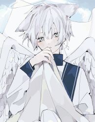 Rule 34 | 1boy, angel wings, animal ears, blue collar, blue stripes, blush, collar, commentary request, crescent, cropped legs, ear ornament, floppy ears, hair between eyes, halo, hand up, high collar, highres, hirominomusi, long sleeves, looking at viewer, open mouth, original, parted lips, shirt, short hair, solo, straight-on, white background, white hair, white shirt, wings