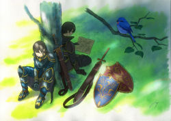 Rule 34 | 1boy, 1girl, absurdres, armor, bird, brown hair, commentary, english commentary, closed eyes, fantasy, gauntlets, highres, holding, map, original, pauldrons, sawitou mizuki, scabbard, sheath, sheathed, shield, shoulder armor, sitting, sword, tree, tree shade, weapon