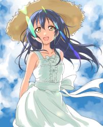 Rule 34 | 10s, 1girl, blue hair, blush, dress, hat, long hair, love live!, love live! school idol project, open mouth, smile, solo, sonoda umi, sun hat, tetopetesone, white dress, yellow eyes