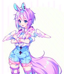 Rule 34 | 1girl, ;o, angel wings, animal ears, artist name, asymmetrical legwear, bandaid, bandaid on face, bat hair ornament, blue eyes, bracelet, breasts, rabbit ears, cowboy shot, cropped jacket, crossed arms, earrings, food-themed hair ornament, hair ornament, highres, hyanna-natsu, jacket, jewelry, looking at viewer, mismatched legwear, one eye closed, open mouth, original, pink hair, puffy short sleeves, puffy sleeves, short sleeves, single thighhigh, solo, spiked bracelet, spikes, standing, tareme, thigh strap, thighhighs, white jacket, white wings, wing collar, wings