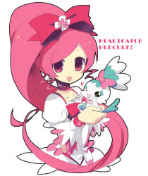 Rule 34 | 10s, 1girl, bow, brooch, choker, chypre (heartcatch precure!), copyright name, creature, cure blossom, dress, flower, hair ribbon, hanasaki tsubomi, heart, heart brooch, heartcatch precure!, jewelry, long hair, magical girl, one eye closed, pink bow, pink eyes, pink hair, ponytail, precure, ribbon, smile, solo, wink, wrist cuffs, yuzuki gao