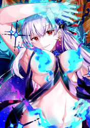Rule 34 | 1girl, absurdres, arm up, armpits, bare shoulders, blue fire, blue hair, blush, body markings, breasts, earrings, fate/grand order, fate (series), fire, flower, grin, hair flower, hair ornament, hair ribbon, highres, jewelry, kama (fate), kama (swimsuit avenger) (fate), kama (swimsuit avenger) (third ascension) (fate), large breasts, long hair, looking at viewer, lotus, multicolored hair, navel, red eyes, revealing clothes, ribbon, shong, smile, solo, star (symbol), star earrings, two-tone hair, white hair