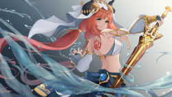 Rule 34 | 1girl, absurdres, arm up, back tattoo, bare back, bare shoulders, blue skirt, bracer, breasts, closed mouth, crop top, detached sleeves, fake horns, floating hair, genshin impact, hand up, harem outfit, highres, holding, holding sword, holding weapon, horns, kampher (yekxiong), key of khaj-nisut (genshin impact), long hair, long sleeves, looking at viewer, looking back, medium breasts, nilou (genshin impact), puffy long sleeves, puffy sleeves, skirt, smile, sword, tattoo, twintails, veil, very long hair, vision (genshin impact), water, weapon, white headwear, white sleeves