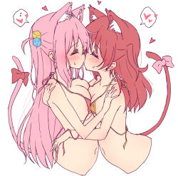 Rule 34 | 2girls, animal ears, asymmetrical docking, bikini, bikini top only, blush, bocchi the rock!, bow, breast press, breasts, cat ears, cat girl, cat tail, closed eyes, commentary request, cube hair ornament, french kiss, gotoh hitori, green eyes, hair ornament, heart, highres, kemonomimi mode, kiss, kita ikuyo, large breasts, long hair, looking at another, mel (melty pot), multiple girls, navel, open mouth, pink bikini, pink bow, pink hair, red bow, red hair, simple background, small breasts, smile, spoken heart, swimsuit, tail, tail bow, tail ornament, white background, yellow bikini, yuri